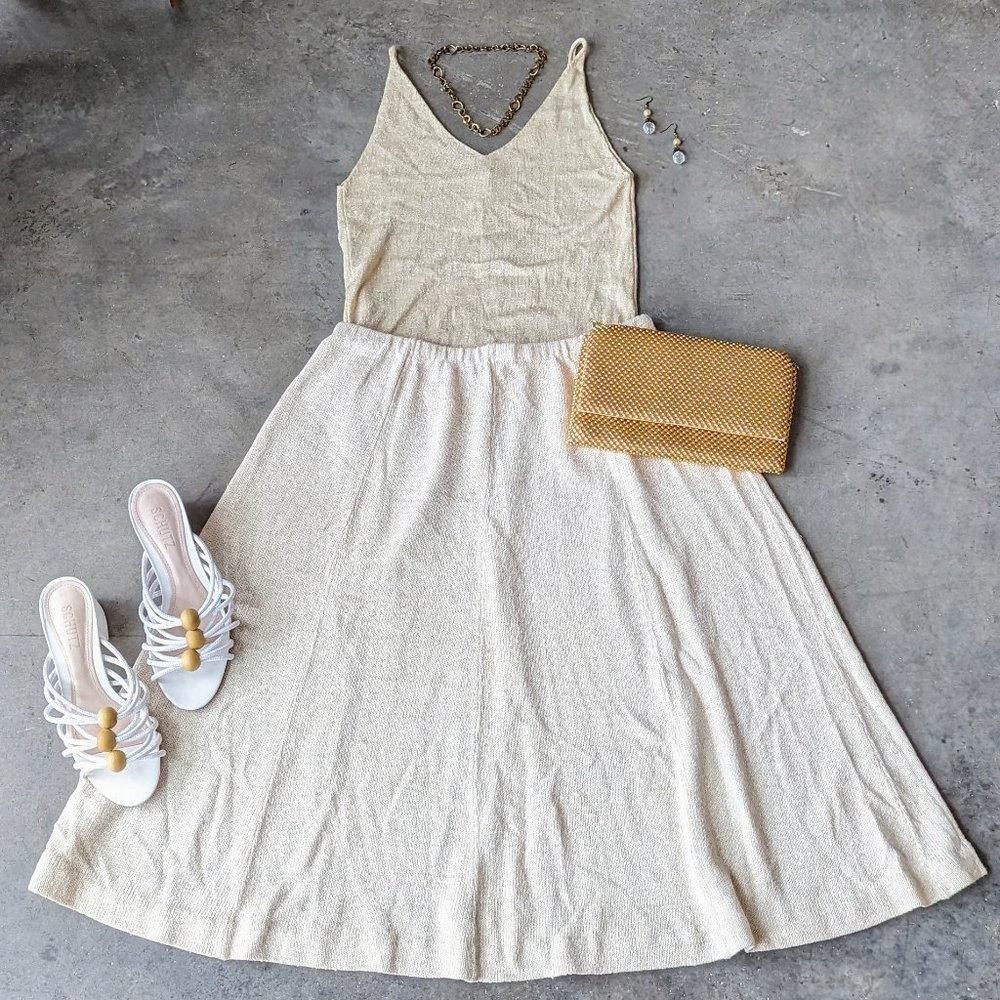 Vintage 80s Ivory Gold Knit A-Line Midi Skirt size S/M retro preppy classic